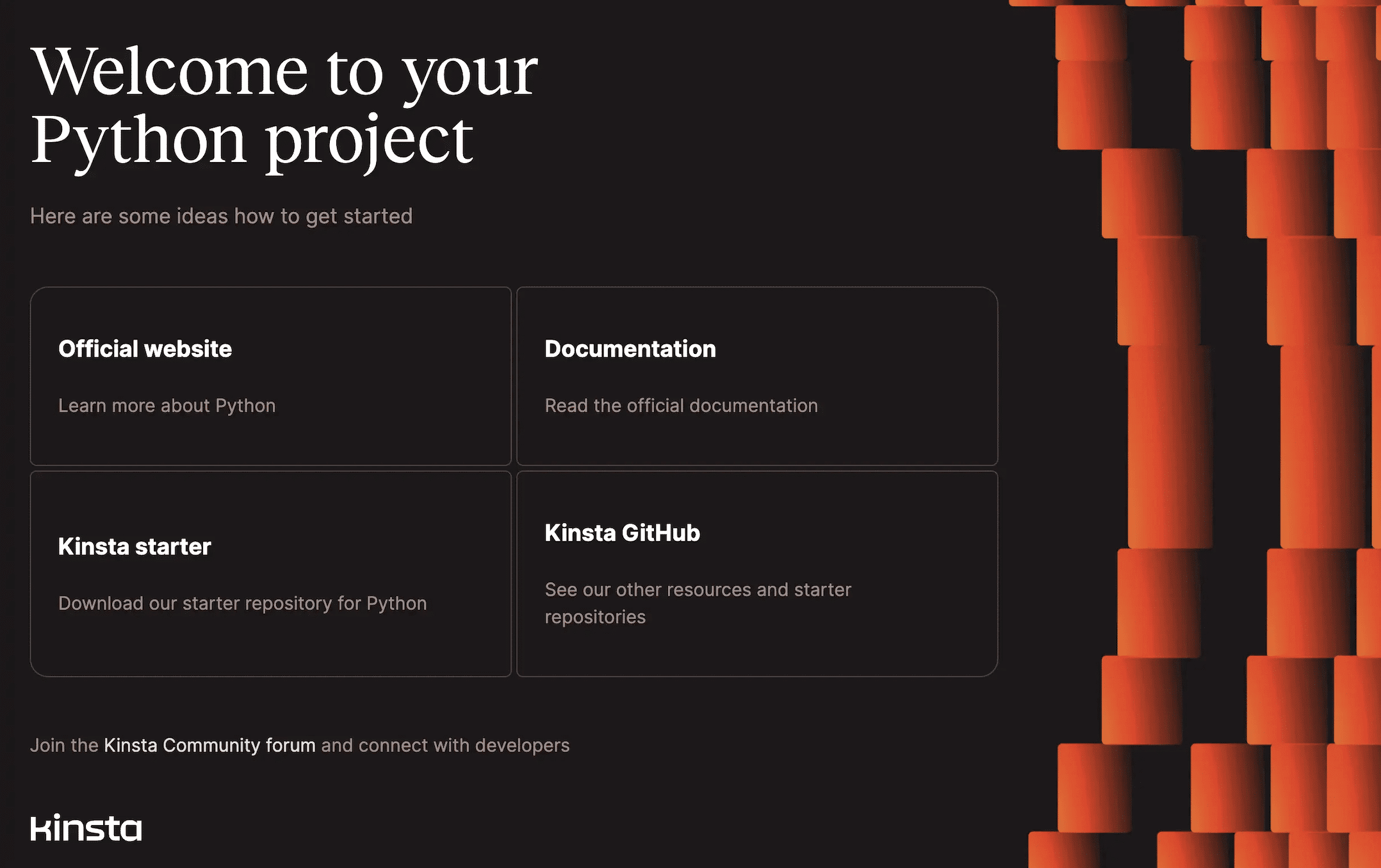 Pythonのデプロイ完了後に表示されるKinstaのウェルカムページ