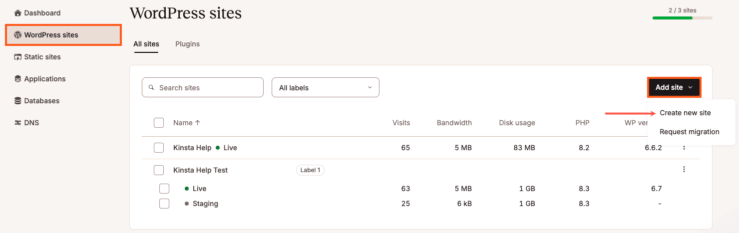 Erstelle eine WordPress-Seite in MyKinsta.