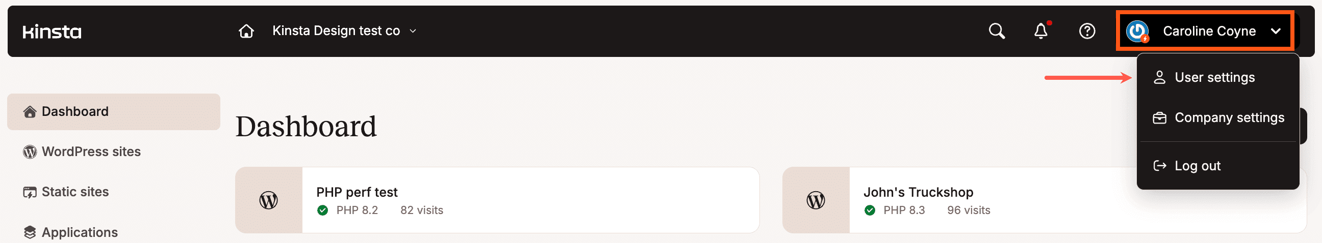 MyKinsta gebruikersinstellingen.