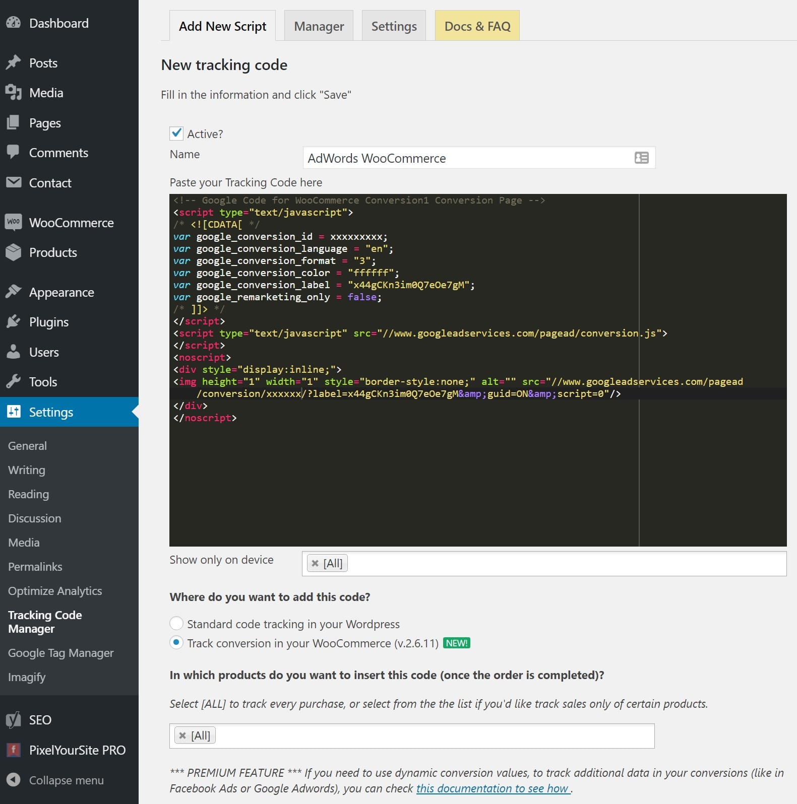 Add AdWords WooCommerce pixel Tilføj AdWords WooCommerce pixel