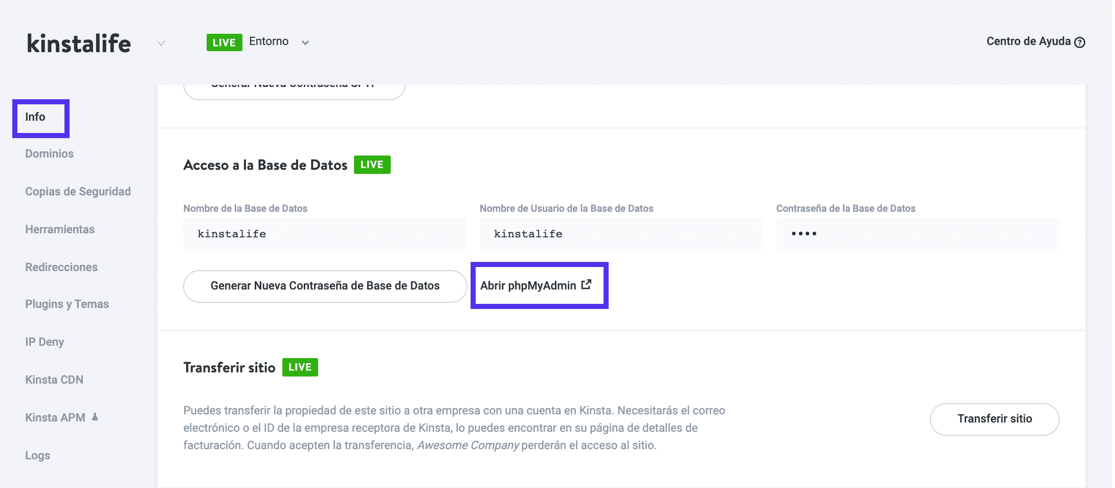 El enlace phpMyAdmin en el panel de control de MyKinsta.