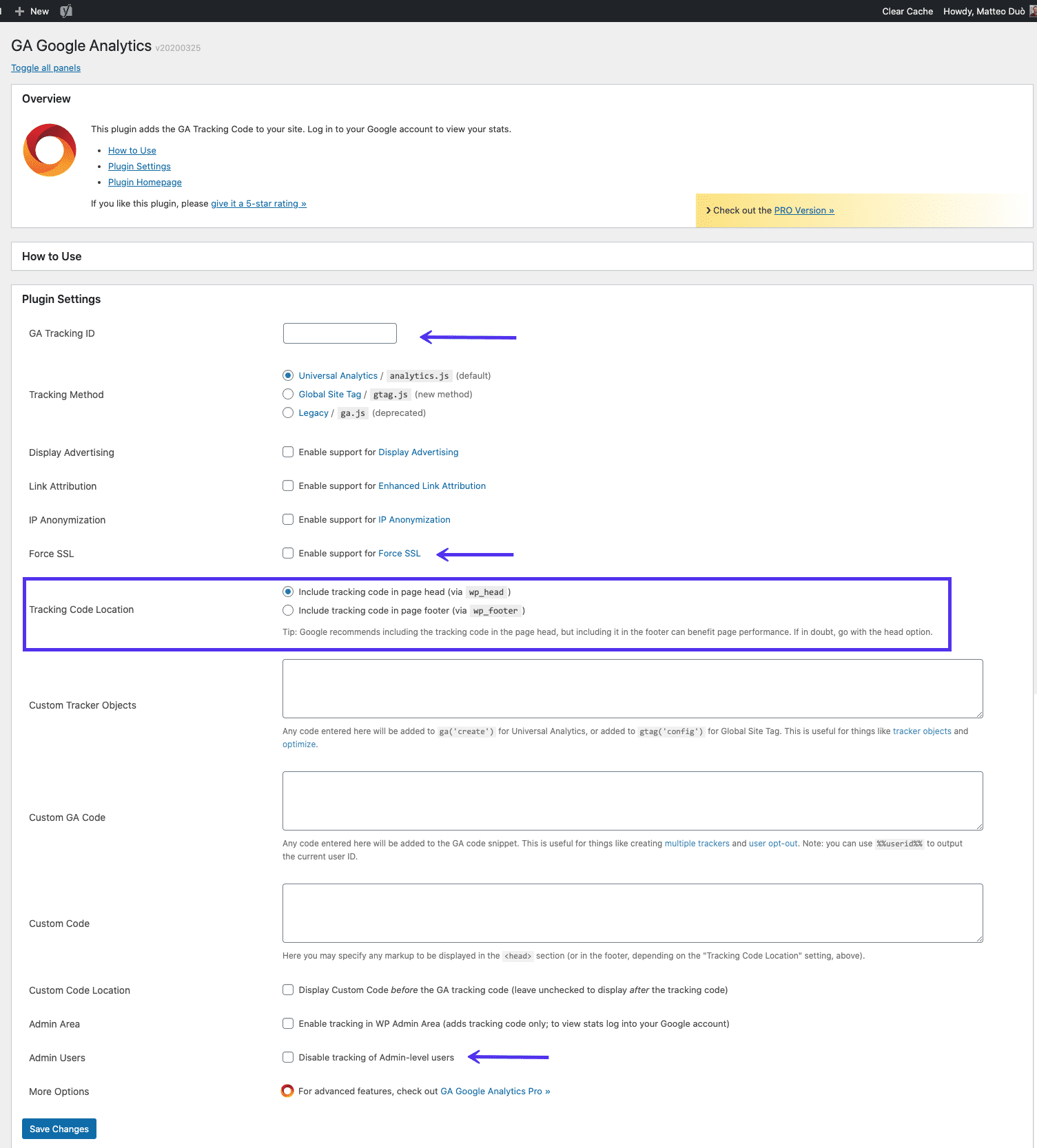 WordPressプラグイン「GA Google Analytics」の設定画面