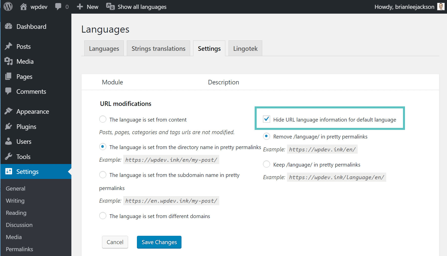 Hide language URL for default language Ocultar informações de idioma da URL para idioma padrão