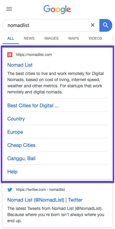 Sitelinks do Google no celular