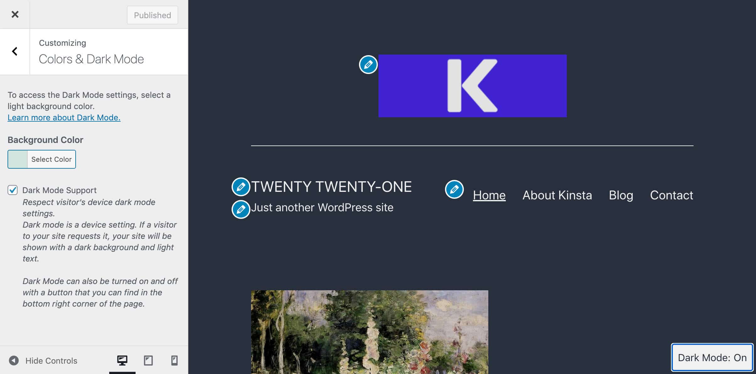 Dark mode enabled in the Customizer and enabled on the front site