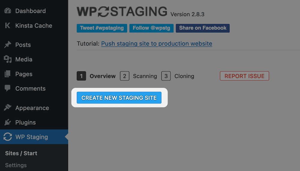 Creating a new staging site with WP Staging. Maken van een nieuwe testwebsite met WP Staging.