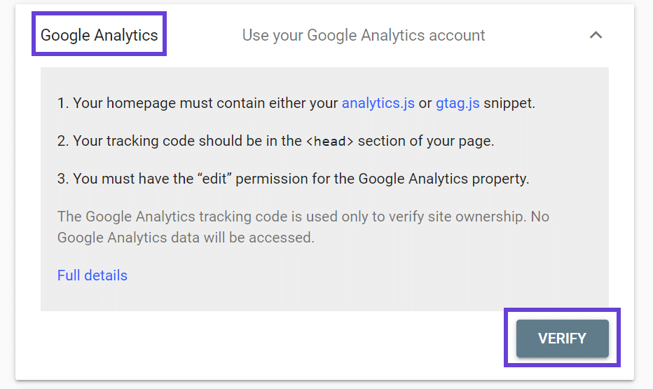 The Google Analytics verify account screen with a highlight box around the 