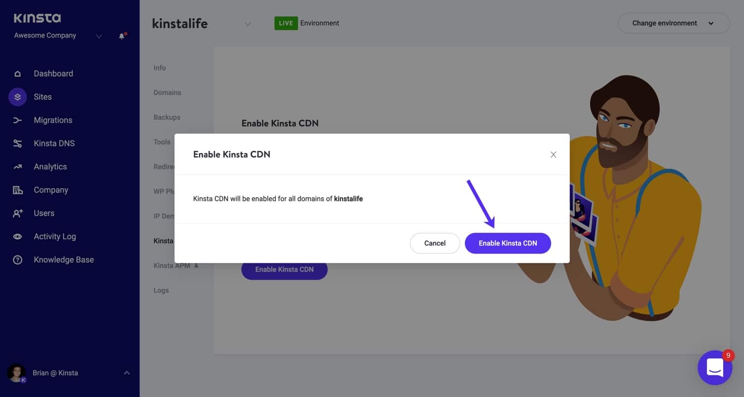 Confirm you want to enable Kinsta CDN by clicking on the next Enable Kinsta CDN button Confermate l'abilitazione di Kinsta CDN