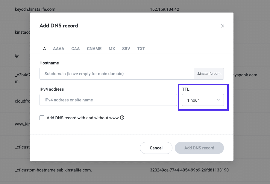 Add a DNS record > TTL in MyKinsta
