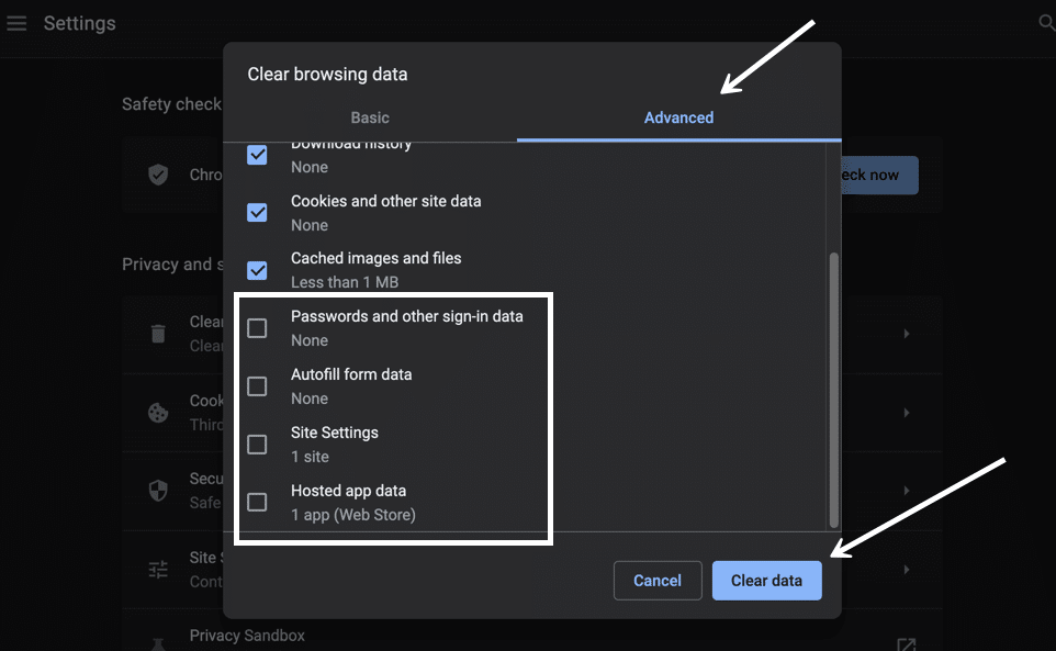 The Advanced tab offers more data items to clean on the cache