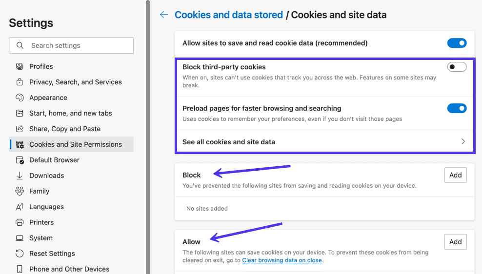Manage your cookies and add certain sites to the Block and Allow lists in Microsoft Edge