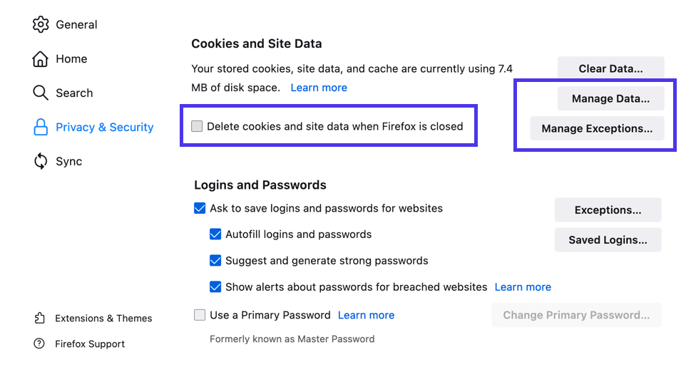 Several controls are available for managing cookies within the cache in Firefox
