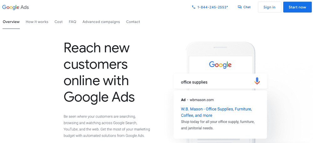 Google Ads-Startseite mit der Überschrift 