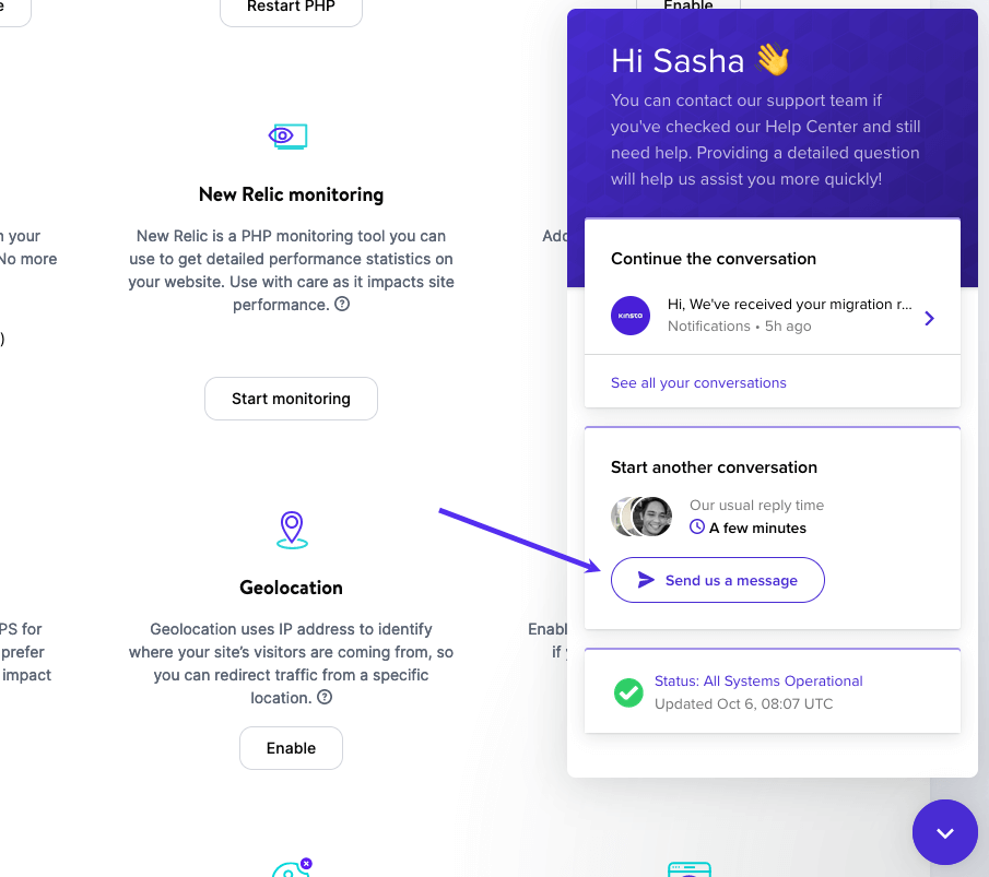 Send a message in MyKinsta Screenshot: Sending a message in MyKinsta.