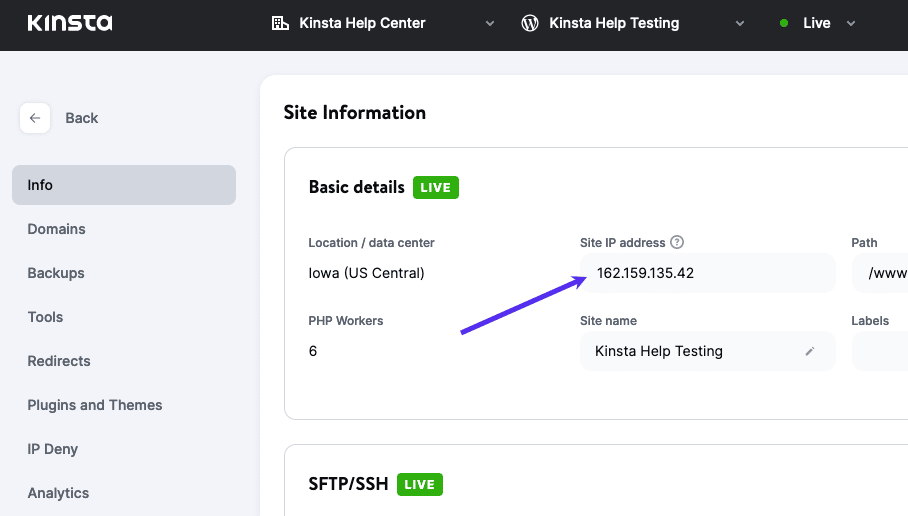 Site IP Address in MyKinsta Indirizzo IP del sito in MyKinsta.