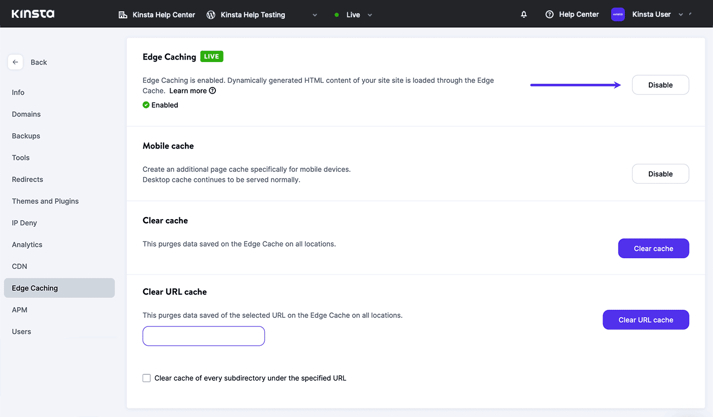 Screenshot: Deaktivieren des Edge Caching in MyKinsta.