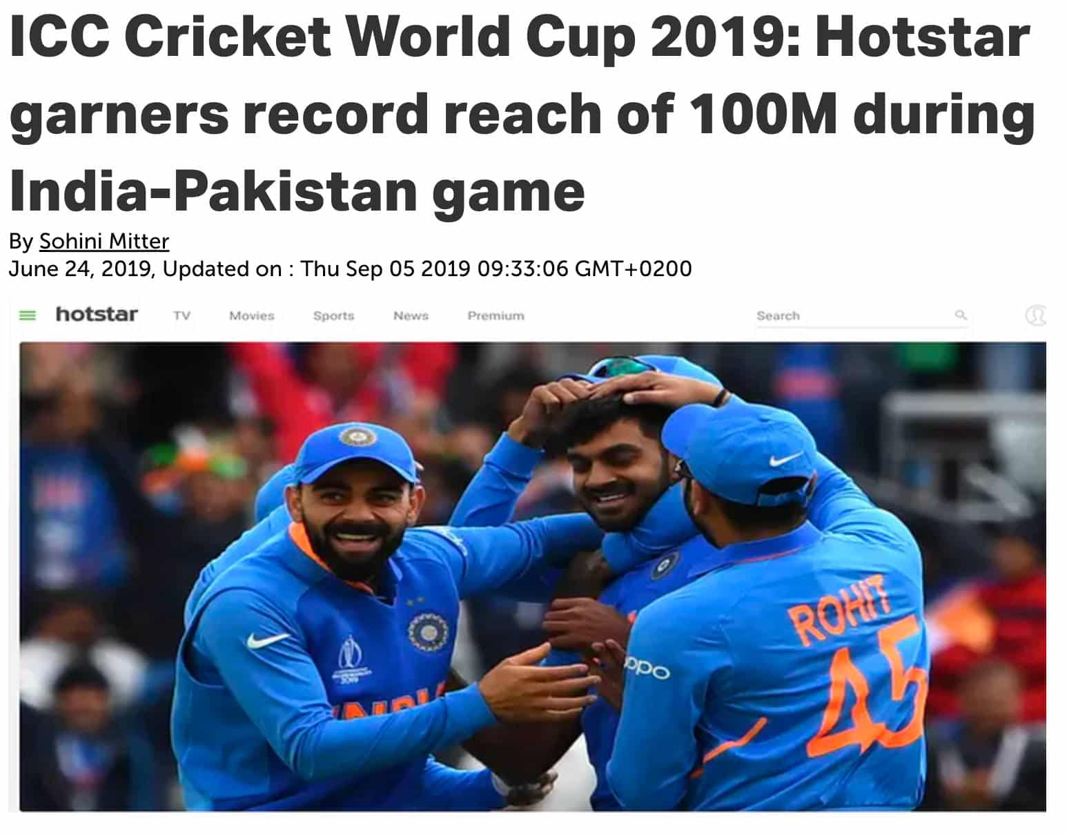 Hotstar, a maior plataforma de streaming da Índia, registrou 15,6 milhões de espectadores simultâneos durante a Copa do Mundo de Críquete da ICC de 2019.