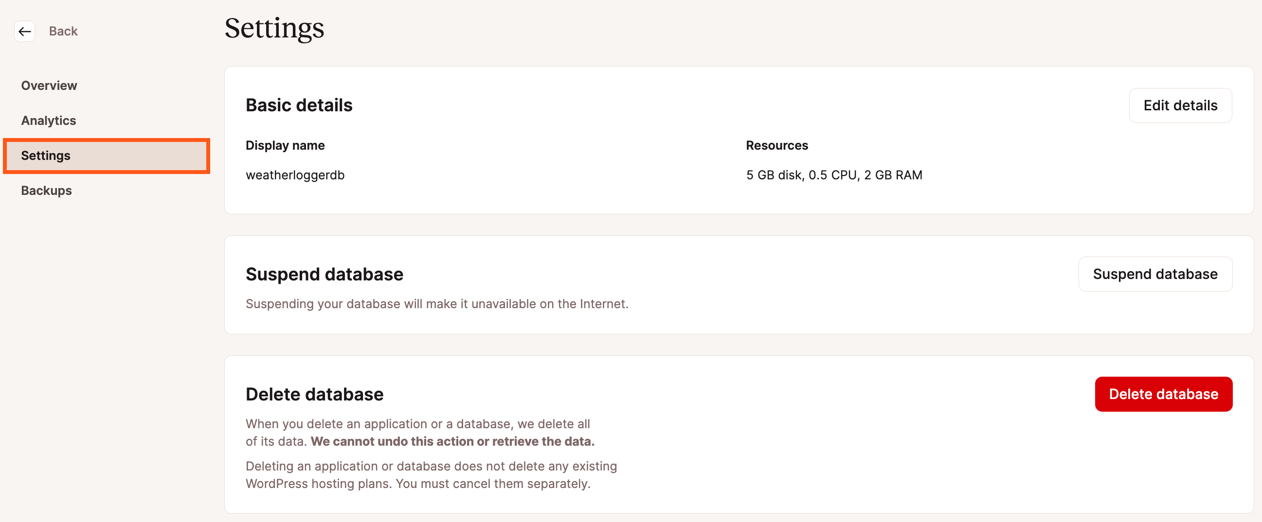 Datenbankeinstellungen in MyKinsta.