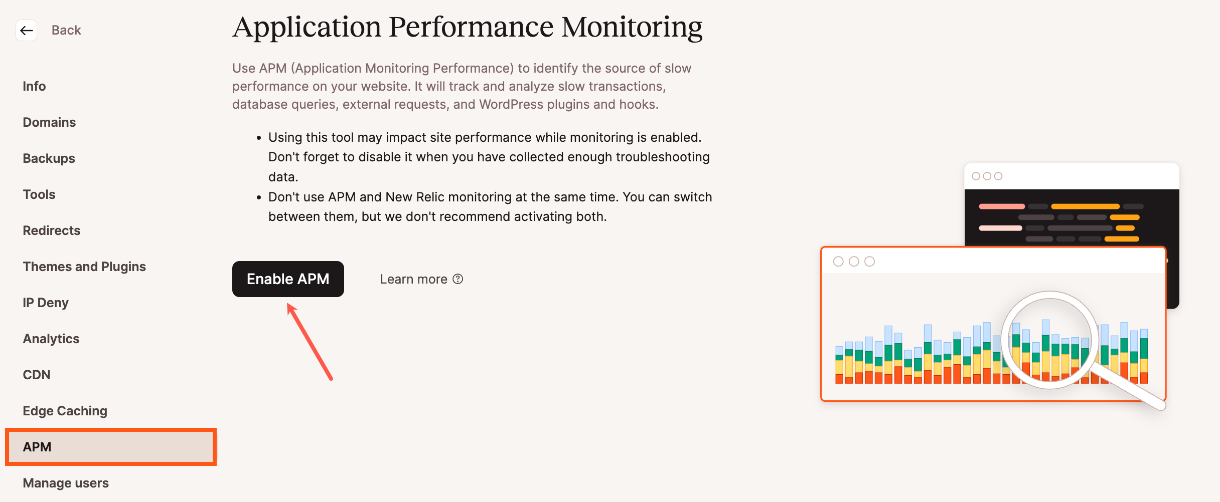 Klicke auf die Schaltfläche APM aktivieren, um das Application Performance Monitoring in MyKinsta zu aktivieren