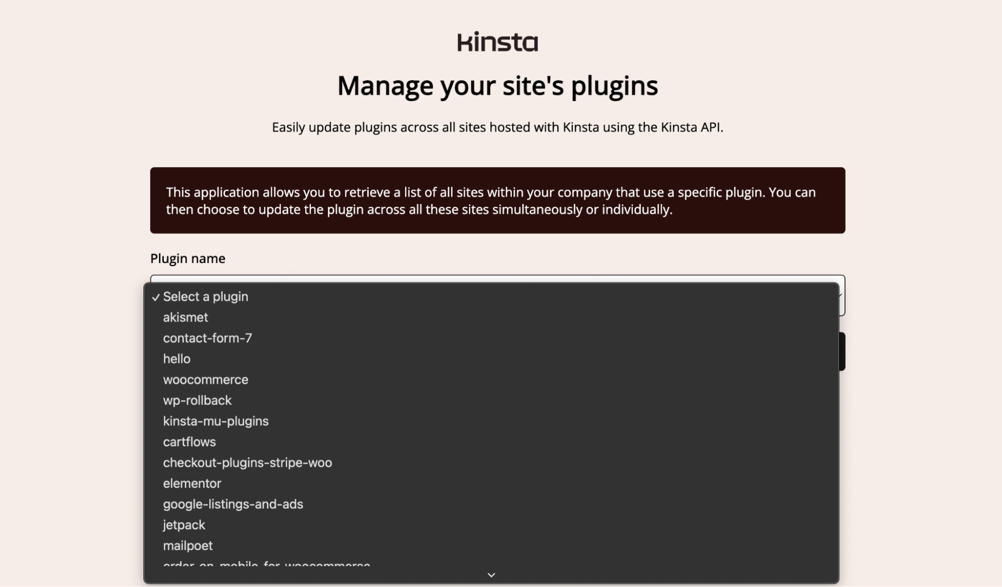 Selectieveld met lijst van unieke plugins van alle sites in Kinsta bedrijfsaccount.