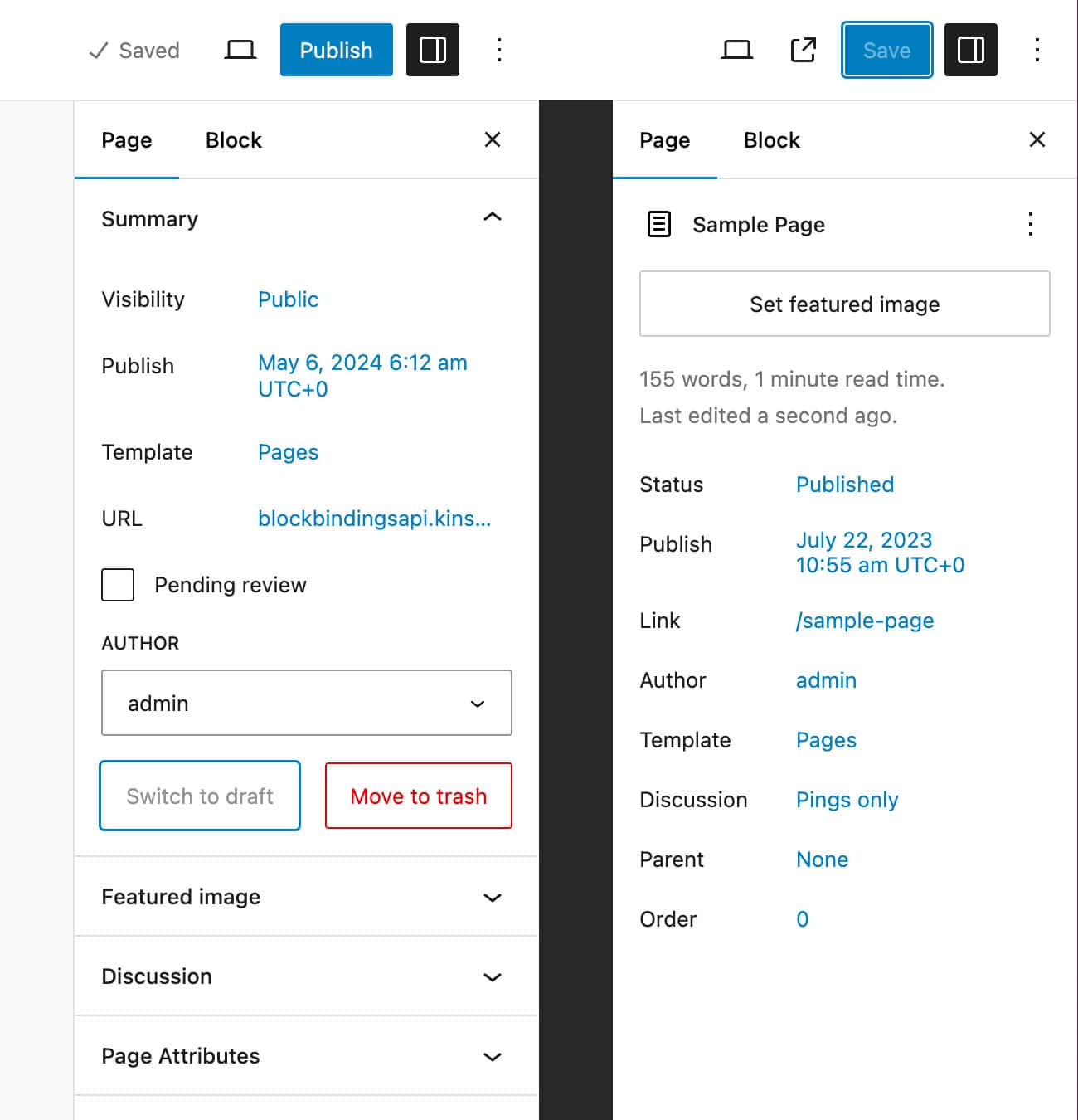 WordPress 6.5(左)と6.6(右)の固定ページ設定パネルの比較