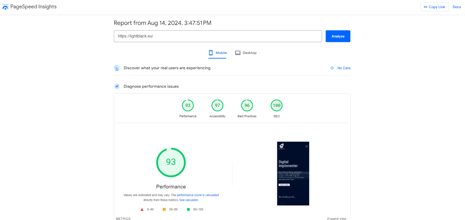 LightBlack Solutions's latest PageSpeed Insights scores