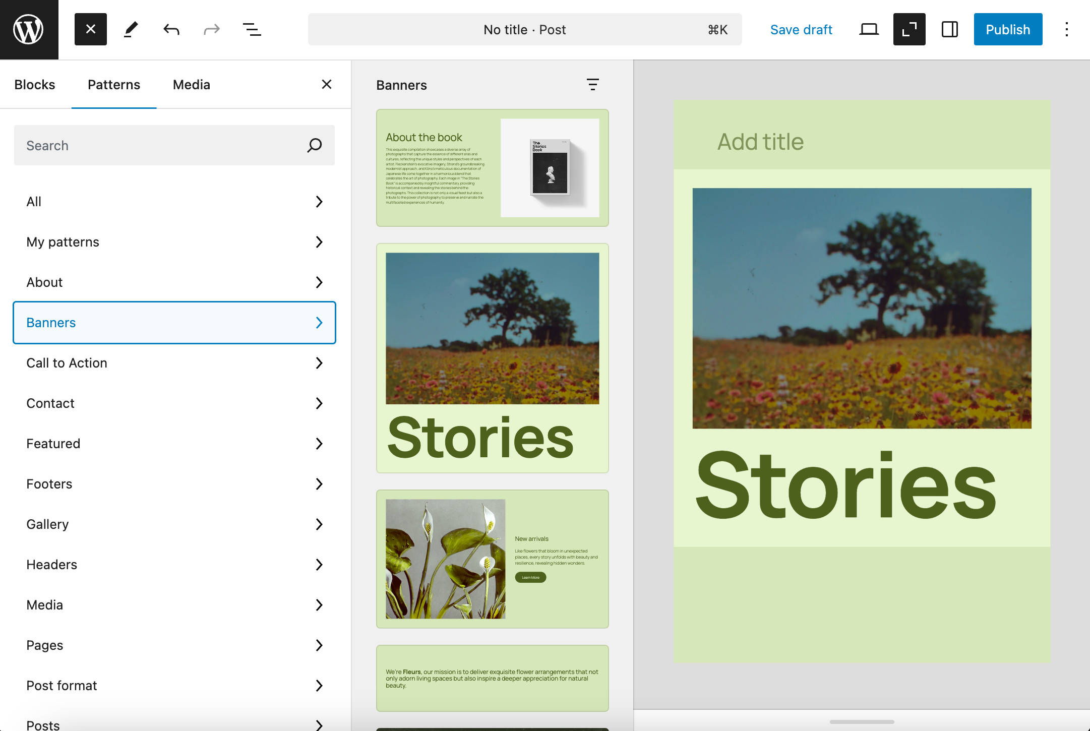 El insertador de bloques con Patrones en WordPress 6.7