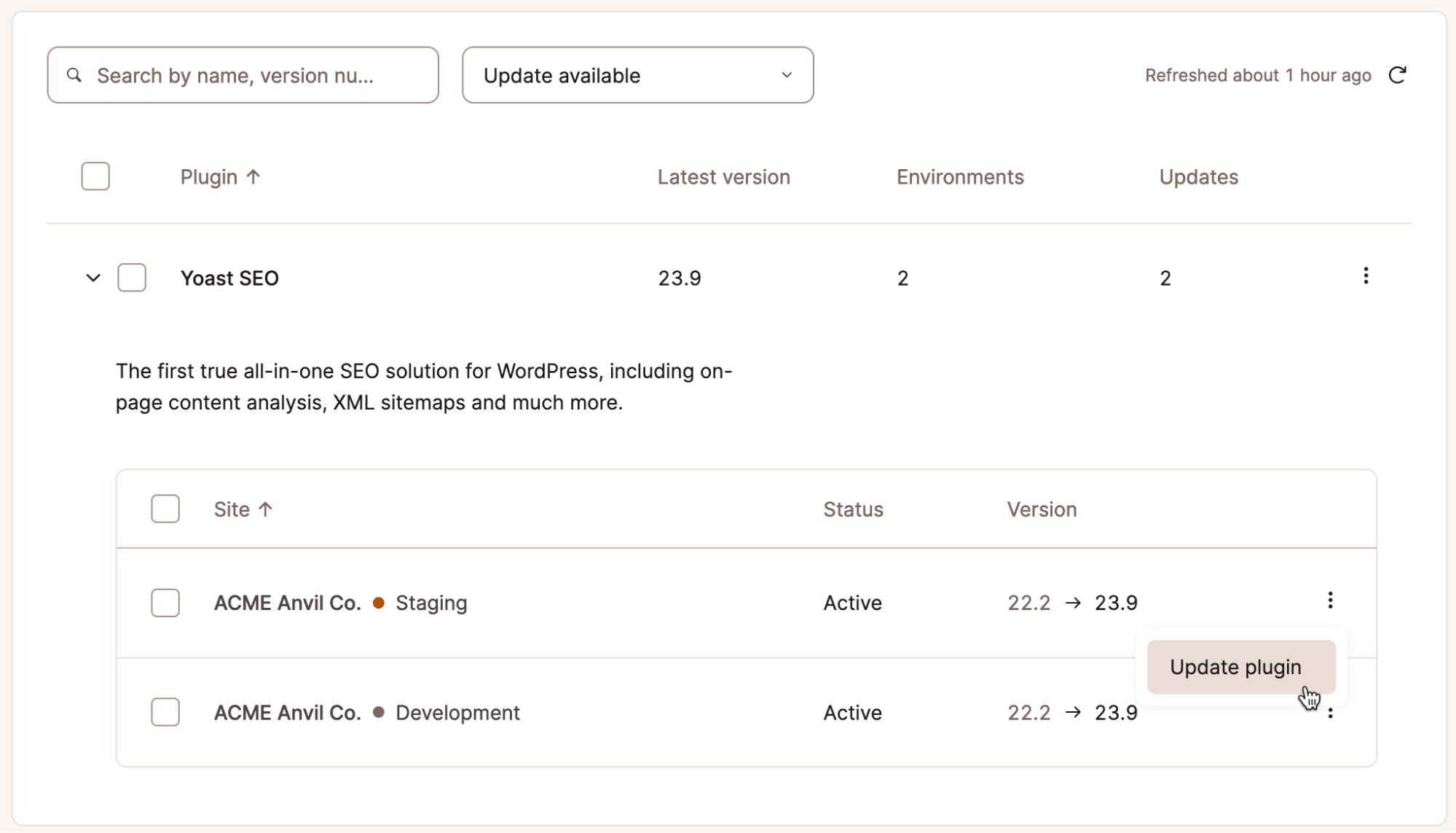 Screenshot van de plugin update interface in MyKinsta met de optie geselecteerd om een enkele plugin bij te werken.
