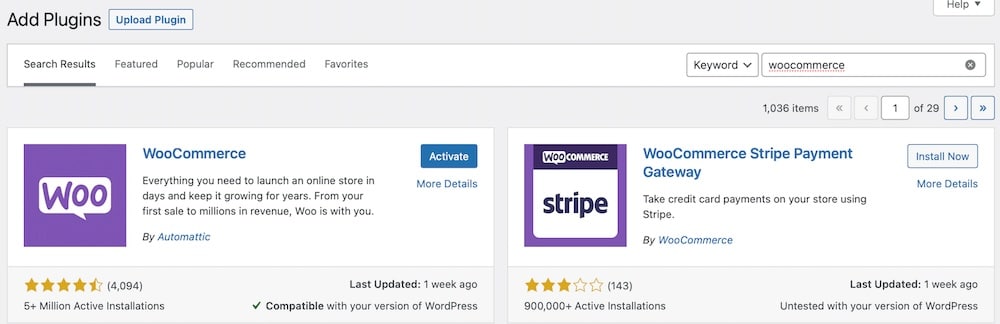 Installeer de WooCommerce plugin in het WordPress Admin dashboard.