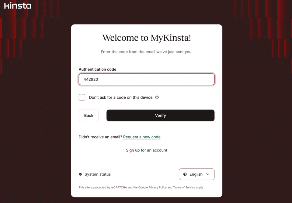 Verifica dell'accesso 2FA in MyKinsta.